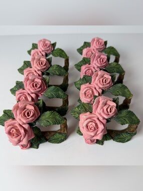 Vintage-Style 3D Resin Pink Rose Napkin Rings – Set of 8